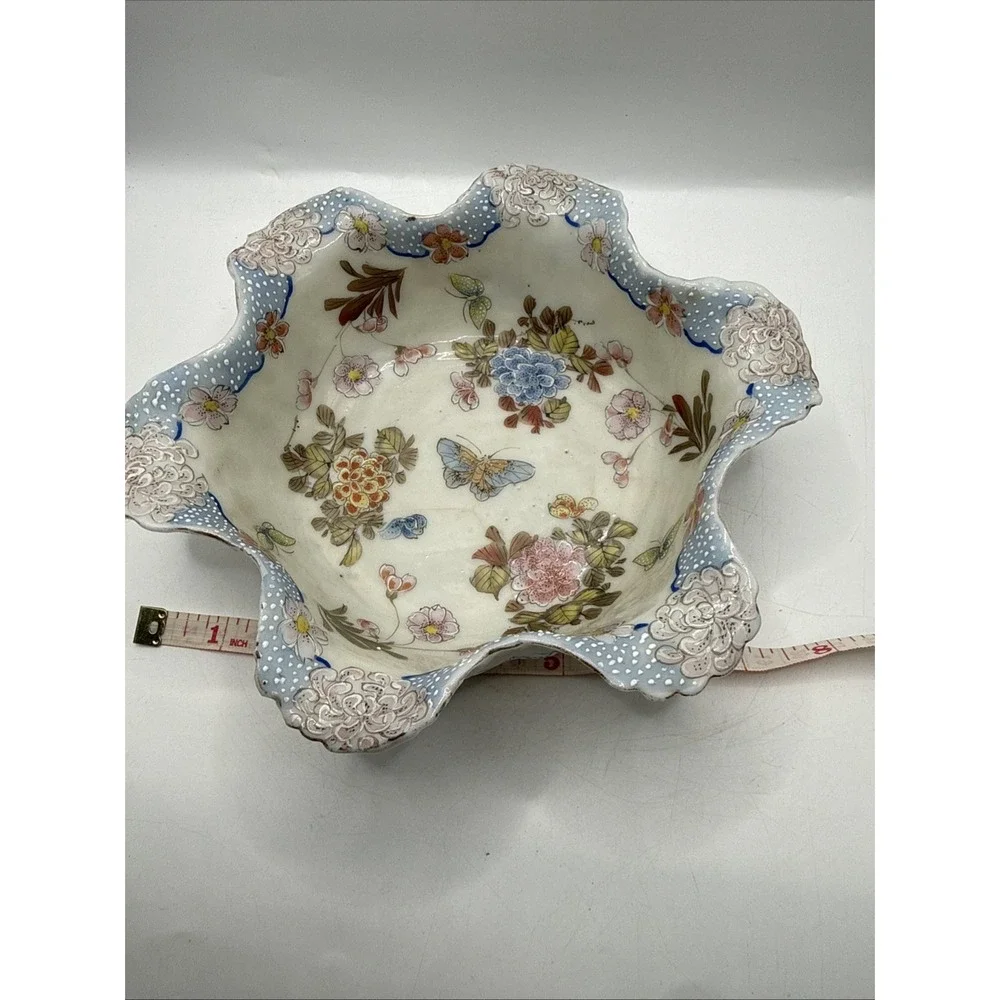 Vintage D&M NY Asian Style Porcelain Satsuma Cabbage Bowl Stamped Scalloped